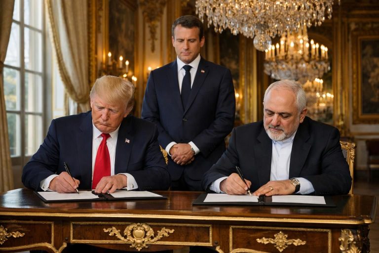 detik bersejarah saat trump menandatangani mou perdamaian dengan iran di istana versailles, disaksikan langsung oleh presiden macron, menandai langkah penting dalam hubungan internasional.
