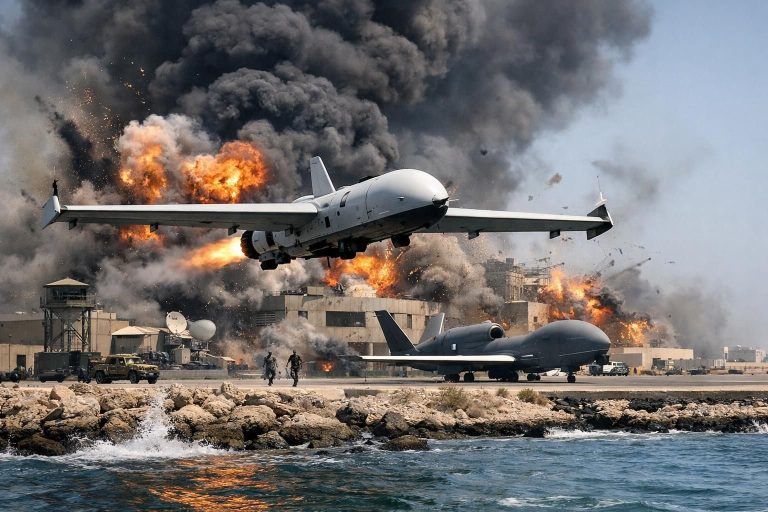 drone kamikaze iran melancarkan serangan dramatis ke markas pesawat intai as di bahrain, memicu ketegangan regional. baca selengkapnya di detiknews.