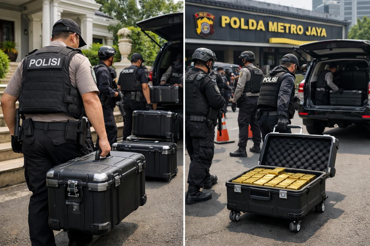 koper berisi 74 kg emas hasil penggerebekan rumah di sentul telah tiba di polda metro untuk penyelidikan lebih lanjut.