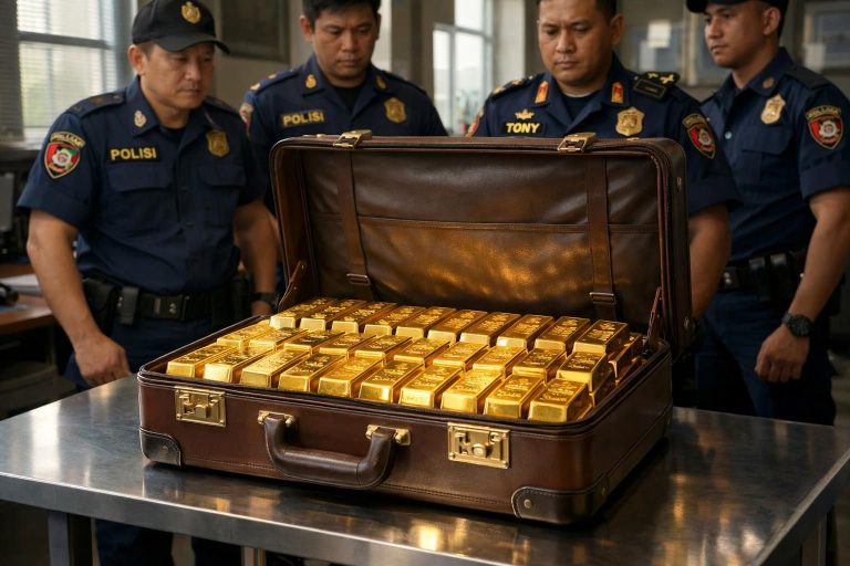 koper berisi 74 kg emas hasil penggerebekan rumah di sentul telah tiba di polda metro untuk penyelidikan lebih lanjut.
