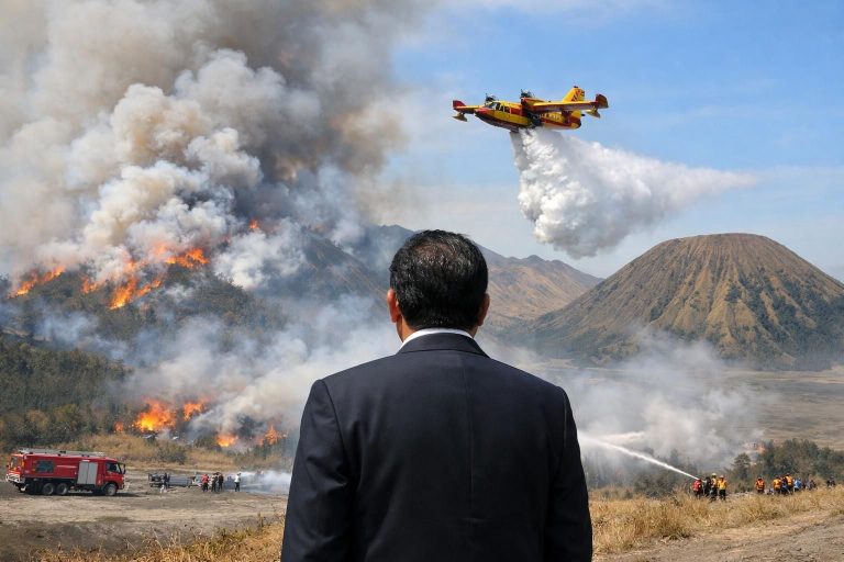 menteri kehutanan meninjau strategi terbaru penanggulangan kebakaran gunung bromo dengan mengoptimalkan teknik water bombing untuk melindungi hutan dan lingkungan sekitar.