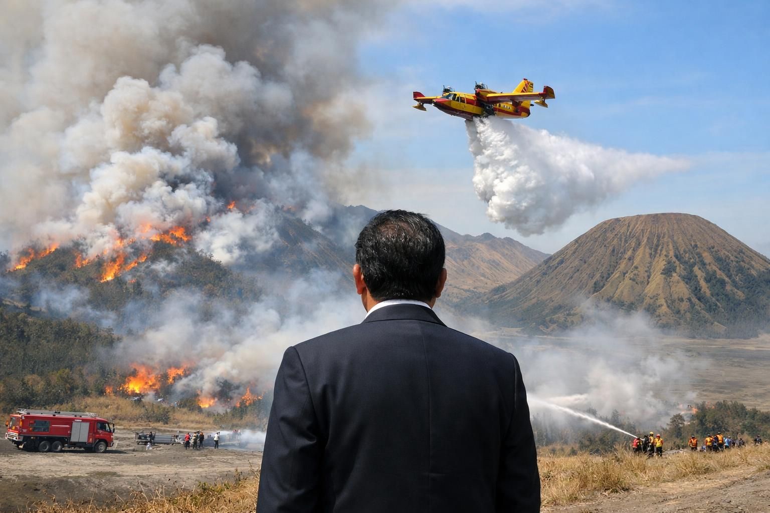 menteri kehutanan meninjau strategi terbaru penanggulangan kebakaran gunung bromo dengan mengoptimalkan teknik water bombing untuk melindungi hutan dan lingkungan sekitar.