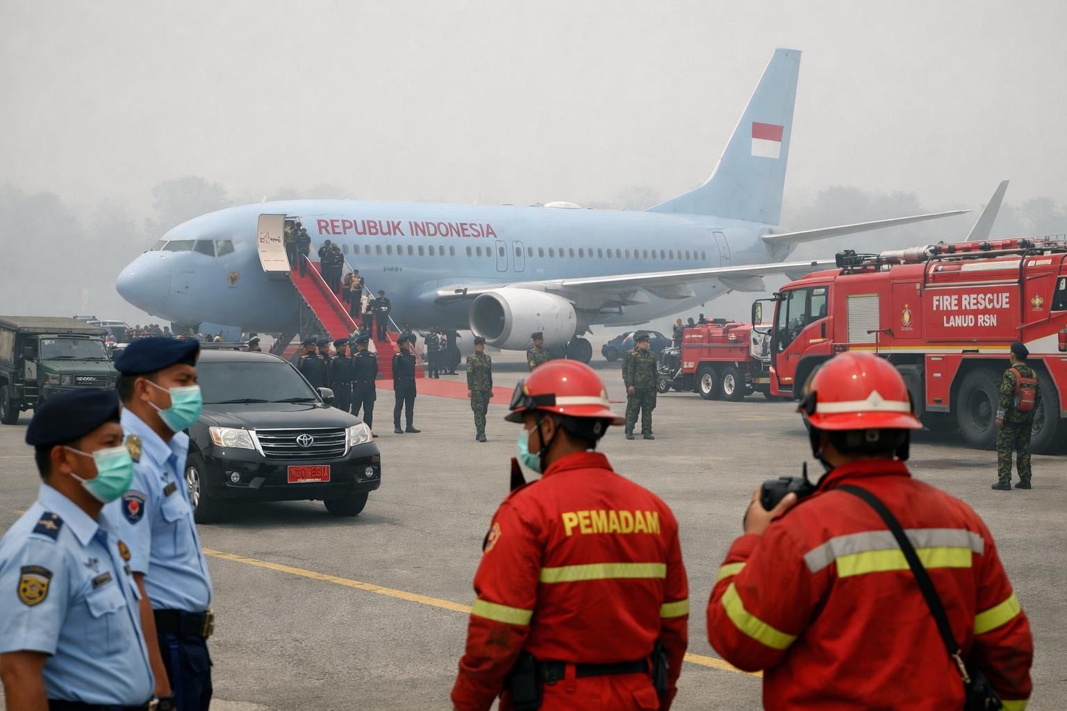 prabowo tiba di pekanbaru dan disambut oleh kabut asap tebal akibat kebakaran hutan dan lahan (karhutla), menyoroti masalah lingkungan serius di wilayah tersebut.