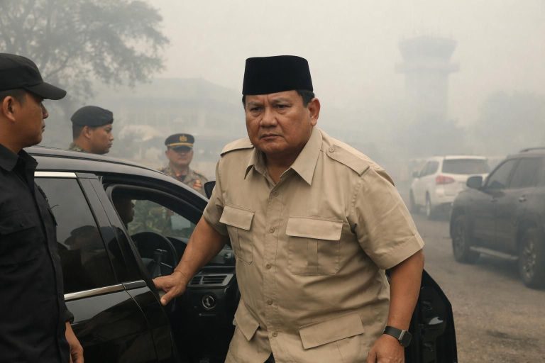 prabowo tiba di pekanbaru dan disambut oleh kabut asap tebal akibat kebakaran hutan dan lahan (karhutla). situasi ini memperlihatkan tantangan lingkungan yang sedang dihadapi daerah tersebut.