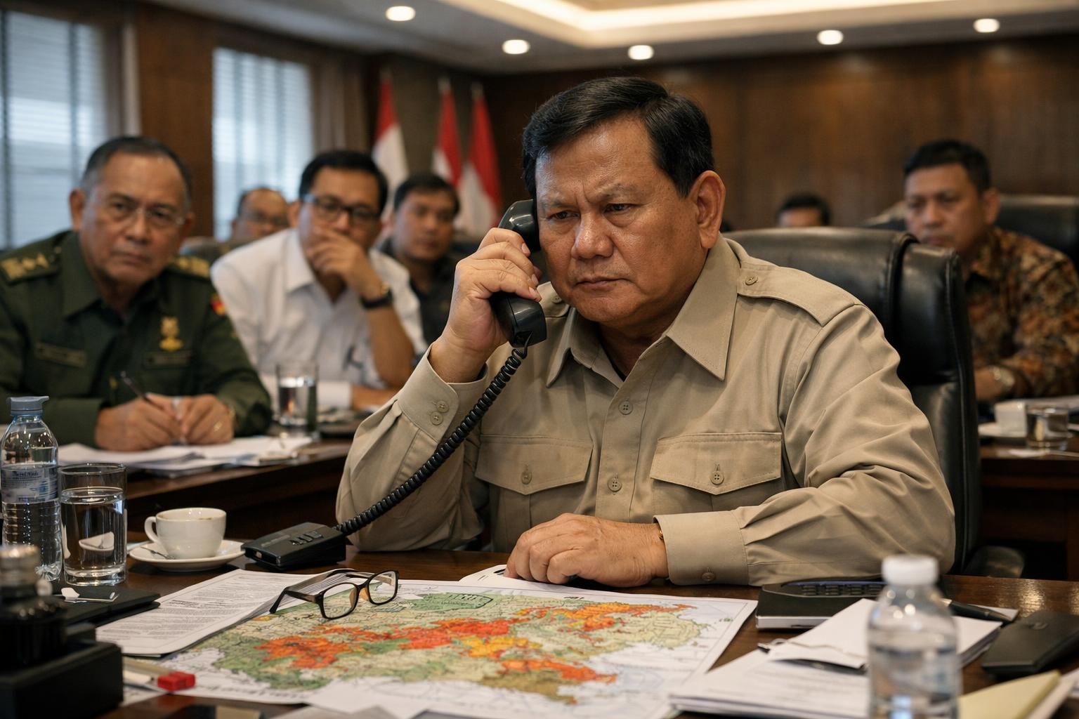saat prabowo menghubungi di tengah rapat untuk meminta perlengkapan tambahan guna menanggulangi kebakaran hutan dan lahan (karhutla), upaya penanganan bencana semakin diperkuat.
