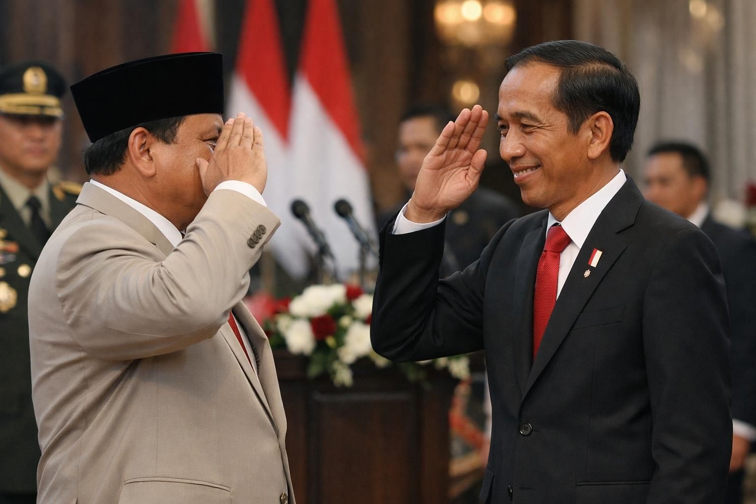 setelah pidato yang menginspirasi, prabowo memberikan hormat dan salam hangat kepada jokowi sebagai tanda penghormatan dan persahabatan yang erat.