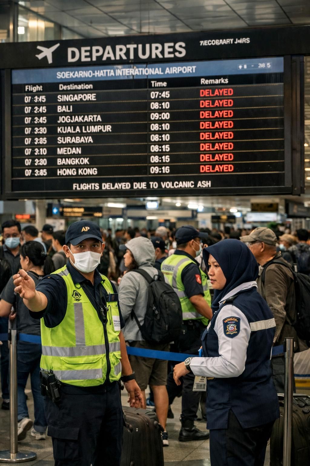 bandara soekarno-hatta ditutup sementara hingga pukul 13.30 wib akibat letusan anak krakatau yang mengganggu operasi penerbangan.