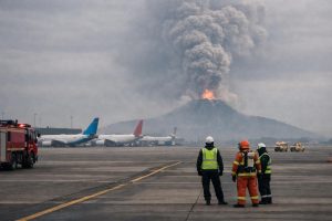 bandara soekarno-hatta ditutup sementara hingga pukul 13.30 wib akibat letusan anak krakatau yang mengganggu operasional penerbangan.